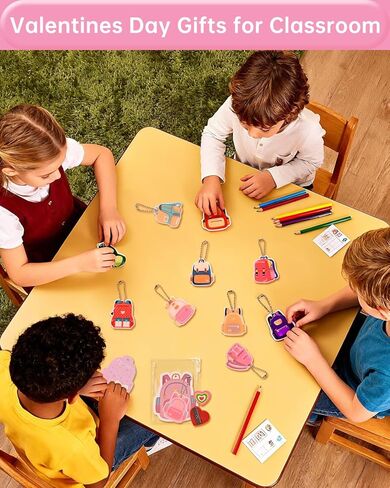 24 Pack Valentines Day Gifts for Kids Classroom,with Greeting Card,Acrylic Keychain,Post-it notes,Eraser,Pencil Sharpener,Packaging bag,Party Favor for School Gift Exchange in Saudi Arabia
