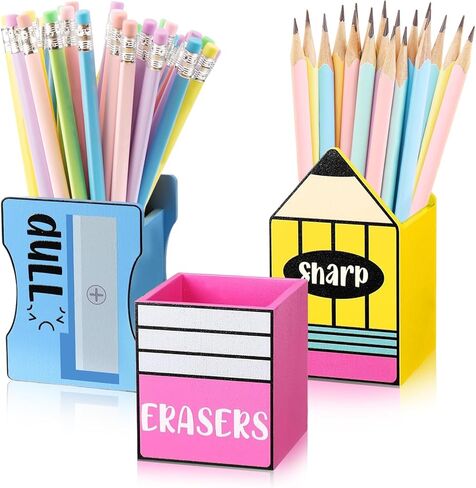 3-Piece Sharp and Dull Pencil Holder Eraser Buckets, No-Install Wooden Pencil Dispenser for School Teachers Classroom Organization (Cute) in Saudi Arabia