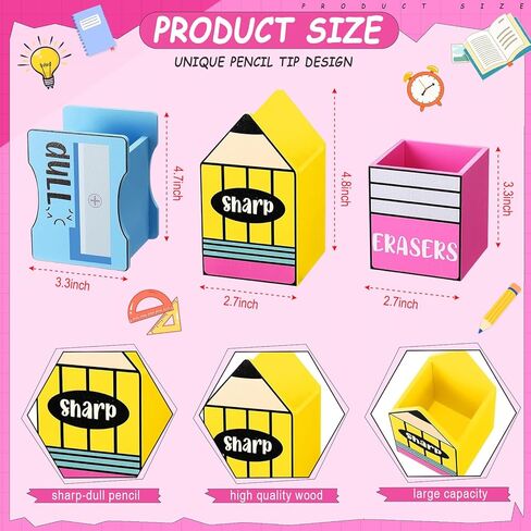 3-Piece Sharp and Dull Pencil Holder Eraser Buckets, No-Install Wooden Pencil Dispenser for School Teachers Classroom Organization (Cute) in Saudi Arabia