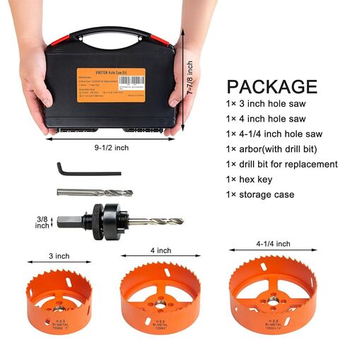 Hole Saw Kit for Metal and Wood Plastic Project, Bi-Metal Hole Saw Set with Case and Arbor, 3", 4" and 4-1/4", Hole Cutter with Flat and Smooth Cutting Drilling Edge, Fast Chip Removal in Saudi Arabia