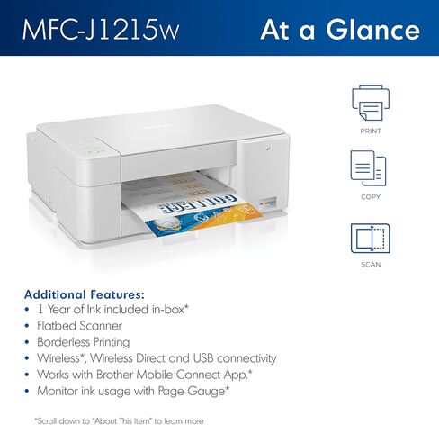 طابعة Brother MFC-J1215W INKvestment Tank اللاسلكية الكل في واحد ملونة نافثة للحبر للمكتب المنزلي - الطباعة والنسخ والمسح الضوئي - 16 صفحة في الدقيقة، 1200 × 600 نقطة في البوصة، التحكم الصوتي، 150 ورقة - كابل طابعة BROAGE بطول 4 أقدام in Saudi Arabia