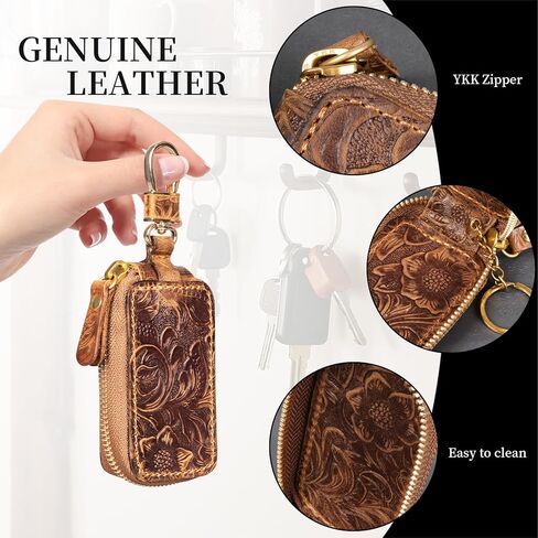 Gexmil Genuine Leather Zipper Car Key Case, Full Grain Leather, Pure Brass Hardware, Hand-made Universal Car Key Holder, Mini Coin Bag for Women Men in Saudi Arabia