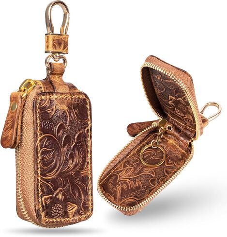 Gexmil Genuine Leather Zipper Car Key Case, Full Grain Leather, Pure Brass Hardware, Hand-made Universal Car Key Holder, Mini Coin Bag for Women Men in Saudi Arabia
