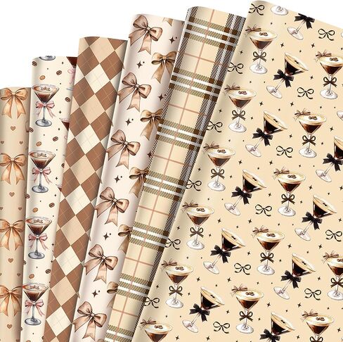 Martini Cocktail Cups Wrapping Paper Set - 12 Sheets Martini Coffee Glasses Gift Wrapping Paper 6 Design Martinis Espresso Bow Grids Pattern for Bachelorette Party Wedding Bridal Shower 20'' x 27'' in Saudi Arabia