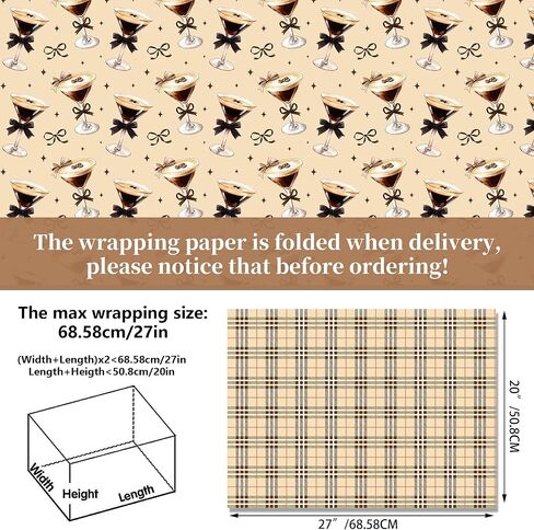 Martini Cocktail Cups Wrapping Paper Set - 12 Sheets Martini Coffee Glasses Gift Wrapping Paper 6 Design Martinis Espresso Bow Grids Pattern for Bachelorette Party Wedding Bridal Shower 20'' x 27'' in Saudi Arabia
