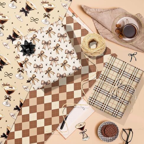 Martini Cocktail Cups Wrapping Paper Set - 12 Sheets Martini Coffee Glasses Gift Wrapping Paper 6 Design Martinis Espresso Bow Grids Pattern for Bachelorette Party Wedding Bridal Shower 20'' x 27'' in Saudi Arabia