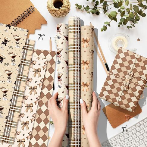 Martini Cocktail Cups Wrapping Paper Set - 12 Sheets Martini Coffee Glasses Gift Wrapping Paper 6 Design Martinis Espresso Bow Grids Pattern for Bachelorette Party Wedding Bridal Shower 20'' x 27'' in Saudi Arabia