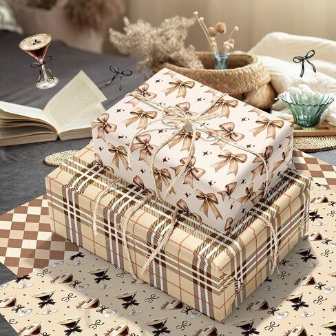 Martini Cocktail Cups Wrapping Paper Set - 12 Sheets Martini Coffee Glasses Gift Wrapping Paper 6 Design Martinis Espresso Bow Grids Pattern for Bachelorette Party Wedding Bridal Shower 20'' x 27'' in Saudi Arabia