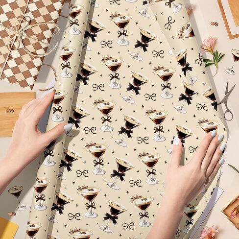 Martini Cocktail Cups Wrapping Paper Set - 12 Sheets Martini Coffee Glasses Gift Wrapping Paper 6 Design Martinis Espresso Bow Grids Pattern for Bachelorette Party Wedding Bridal Shower 20'' x 27'' in Saudi Arabia