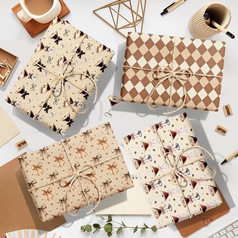 Martini Cocktail Cups Wrapping Paper Set - 12 Sheets Martini Coffee Glasses Gift Wrapping Paper 6 Design Martinis Espresso Bow Grids Pattern for Bachelorette Party Wedding Bridal Shower 20'' x 27'' in Saudi Arabia
