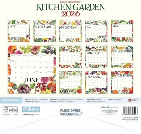 تقويم المطبخ Emma Bridgewater 2026، تقويم شهري لمدة 12 شهرًا، تصميمات فنية للمطبخ والحديقة الملونة، تقويم معلق على الحائط مقاس 12 بوصة × 12 بوصة in Kuwait