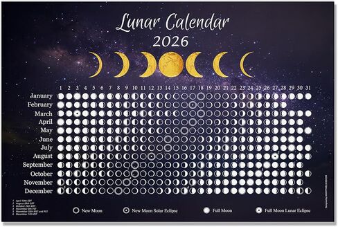 تقويم القمر 2026 - ملصق حائط أزرق داكن مقاس 18×12 بوصة مع مراحل القمر والكسوف مخطط سماوي أفقي | ديكور علم الفلك | للمساحات الجمالية المظلمة أو البسيطة in Saudi Arabia