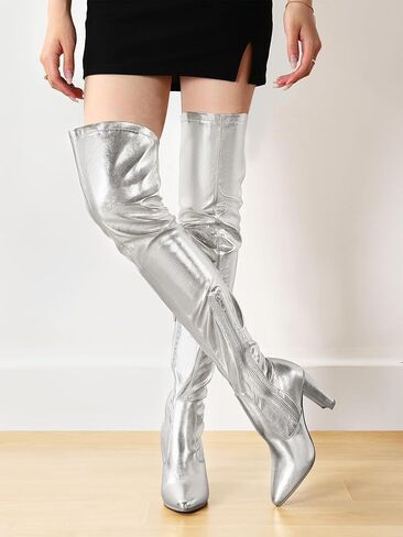 Shoe'N Tale Stretch Suede Thigh High Boots Chunky Heel Over The Knee(7,Black) in Kuwait