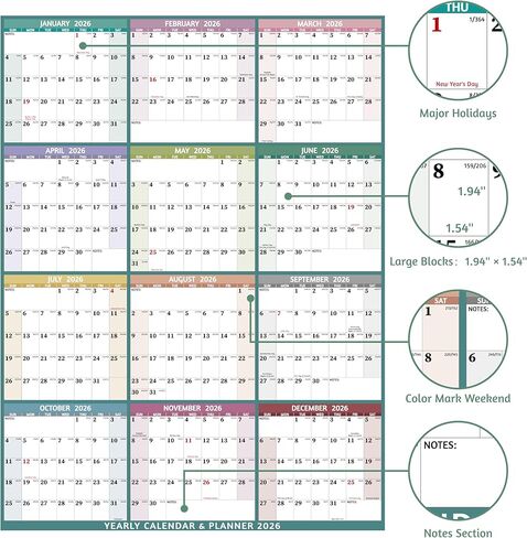 Yearly Wall Calendar 2026 - Large Yearly Calendar 2026 Vetical, Jan 2026 - Dec 2026, 33.7" x 45.1" (Open), 2026 Calendar, Large Wall Calendar 2026, Full Year Paper Calendar with Notes, Thicker Paper, Multi in Saudi Arabia