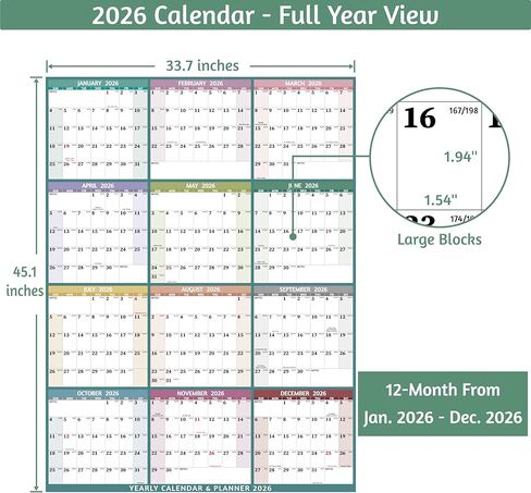 Yearly Wall Calendar 2026 - Large Yearly Calendar 2026 Vetical, Jan 2026 - Dec 2026, 33.7" x 45.1" (Open), 2026 Calendar, Large Wall Calendar 2026, Full Year Paper Calendar with Notes, Thicker Paper, Multi in Saudi Arabia