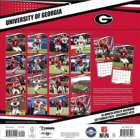 تقويم حائط NCAA Georgia Bulldogs 2026، 30.48 سم × 30.48 سم، تقويم لمدة 16 شهرًا مع غلاف مثبت in Saudi Arabia
