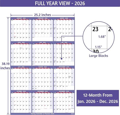 تقويم حائط سنوي 2026 - تقويم سنوي كبير 2026، يناير 2026 - ديسمبر 2026، 25.2 × 38.2 بوصة (مفتوح)، تقويم 2026، تقويم حائط كبير 2026، ورق عام كامل مع ملاحظات، ورق سميك - أرجواني in Saudi Arabia