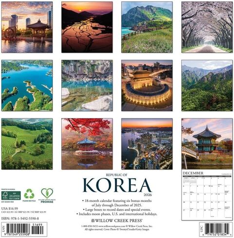 Willow Creek Press, Republic of Korea 2026 Wall Calendar, 12'' X 12'', 18-Month Calendar with Stapled Binding in Saudi Arabia