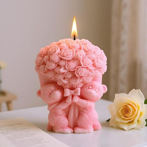 Rose Bear Candle Mold Bear Holding Bouquet Candle Mold 3D Rose Flower Silicone Molds for Candle Making Resin Aromatherapy Gypsum Wax Clay Craft in Saudi Arabia
