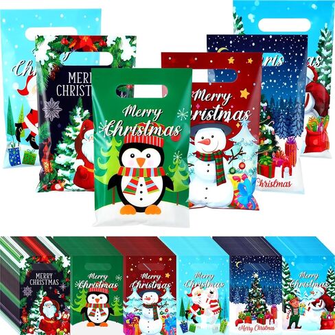 Silkfly 120 Pcs Christmas Bags Bulk Plastic Goodies Gift Bags with Handles Merchandise Candy Treat 6.3'' x 9.8'' Xmas Party Favor for Christmas Party Favor Supplies, 6 Styles in Saudi Arabia