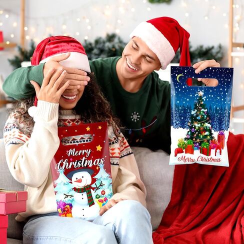Silkfly 120 Pcs Christmas Bags Bulk Plastic Goodies Gift Bags with Handles Merchandise Candy Treat 6.3'' x 9.8'' Xmas Party Favor for Christmas Party Favor Supplies, 6 Styles in Saudi Arabia