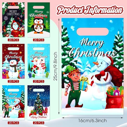 Silkfly 120 Pcs Christmas Bags Bulk Plastic Goodies Gift Bags with Handles Merchandise Candy Treat 6.3'' x 9.8'' Xmas Party Favor for Christmas Party Favor Supplies, 6 Styles in Saudi Arabia