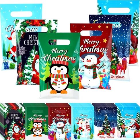 Silkfly 120 Pcs Christmas Bags Bulk Plastic Goodies Gift Bags with Handles Merchandise Candy Treat 6.3'' x 9.8'' Xmas Party Favor for Christmas Party Favor Supplies, 6 Styles in Saudi Arabia