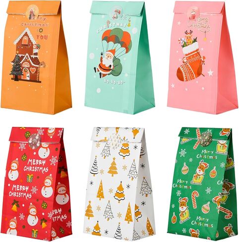 NACHLYNN Christmas Gift Bags 30 Pcs Christmas Kraft Paper Bags with 30 Pcs Christmas Stickers Christmas Goody Bag for Christmas Party Favors Supplies Kraft Holiday Goody (Light Brown) in Saudi Arabia