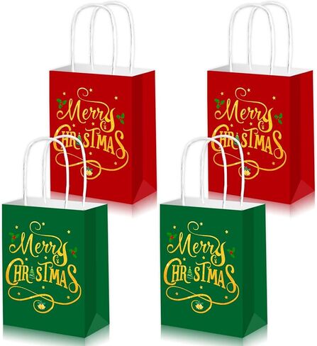 Qpout 12Pcs Small Christmas Gift Bags,Kraft Christmas Gift Bags with Handles for Holiday Party Favors and Xmas Presents(Red & Green) in Saudi Arabia