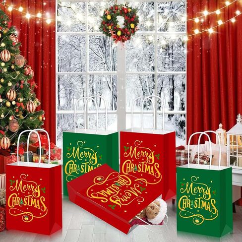 Qpout 12Pcs Small Christmas Gift Bags,Kraft Christmas Gift Bags with Handles for Holiday Party Favors and Xmas Presents(Red & Green) in Saudi Arabia