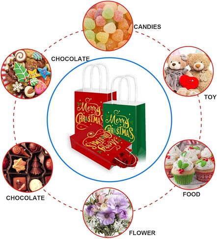 Qpout 12Pcs Small Christmas Gift Bags,Kraft Christmas Gift Bags with Handles for Holiday Party Favors and Xmas Presents(Red & Green) in Saudi Arabia