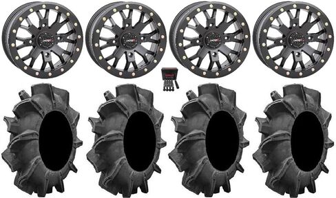 Bundle - 9 Items: System 3 SB-4 Black (4+3) 14" Wheels 34" Assassinator Tires [4x137 Bolt Pattern 10mmx1.25 Lug Kit] in Saudi Arabia