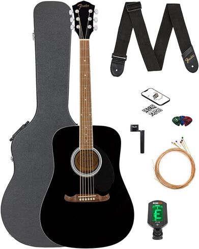 غيتار Fender FA-125 Dreadnought - حزمة سوداء مع حقيبة الحفلة، والموالف، والحزام، والأوتار، ولفاف السلسلة، واللقطات، وأقراص DVD التعليمية لأوستن بازار in Saudi Arabia