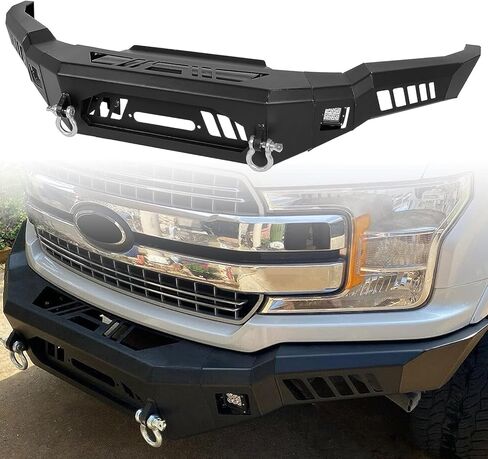 المصد الأمامي ECOTRIC متوافق مع 2018-2020 Ford F150 W/18W LED Lights، D-Rings، Squre Spotlights وWinch Plate Off Road Bumper Assembly بدون فتحات استشعار، أسود فولاذ 2 حزم in Kuwait