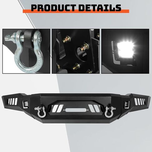 المصد الأمامي ECOTRIC متوافق مع 2018-2020 Ford F150 W/18W LED Lights، D-Rings، Squre Spotlights وWinch Plate Off Road Bumper Assembly بدون فتحات استشعار، أسود فولاذ 2 حزم in Kuwait