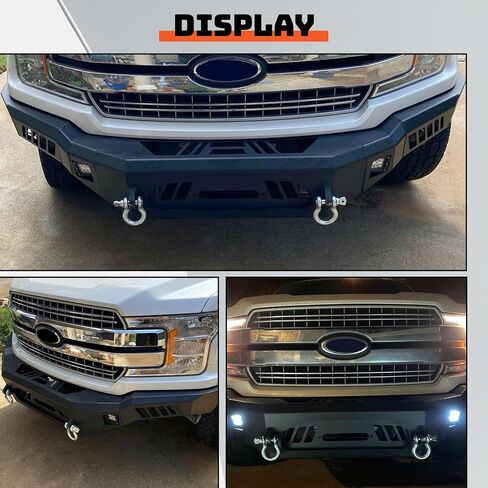 المصد الأمامي ECOTRIC متوافق مع 2018-2020 Ford F150 W/18W LED Lights، D-Rings، Squre Spotlights وWinch Plate Off Road Bumper Assembly بدون فتحات استشعار، أسود فولاذ 2 حزم in Kuwait