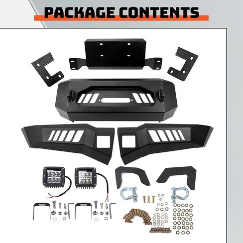 المصد الأمامي ECOTRIC متوافق مع 2018-2020 Ford F150 W/18W LED Lights، D-Rings، Squre Spotlights وWinch Plate Off Road Bumper Assembly بدون فتحات استشعار، أسود فولاذ 2 حزم in Kuwait