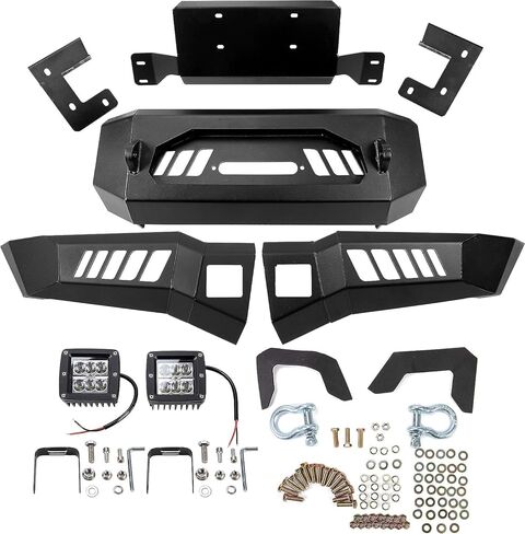 المصد الأمامي ECOTRIC متوافق مع 2018-2020 Ford F150 W/18W LED Lights، D-Rings، Squre Spotlights وWinch Plate Off Road Bumper Assembly بدون فتحات استشعار، أسود فولاذ 2 حزم in Kuwait