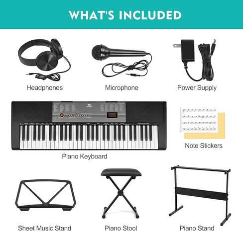 لوحة مفاتيح البيانو MUSTAR، 61 مفتاح بيانو مع مفاتيح مضيئة، بيانو كهربائي لوحة مفاتيح بيانو محمولة للمبتدئين مع حامل، دواسة مستدامة، سماعات الرأس، ميكروفون in Kuwait