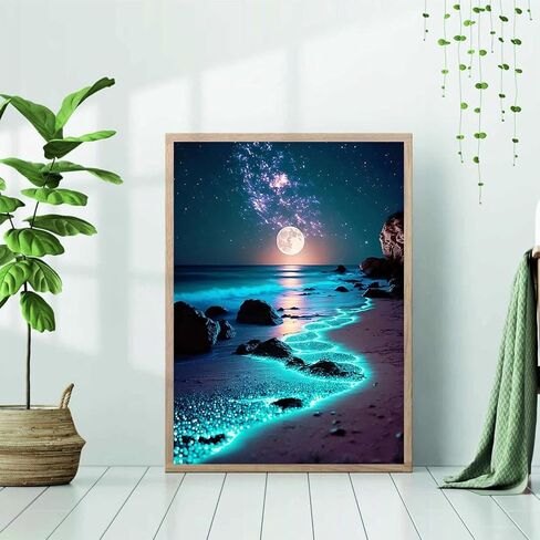 مجموعة طلاء ألماس 5D DIY، مشهد ضوء القمر للشاطئ المثقوب بالكامل، فن كريستالي لمناظر طبيعية للمحيط ليلاً مرصع بالنجوم، ديكور جدار المنزل in Kuwait
