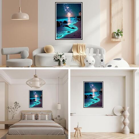 مجموعة طلاء ألماس 5D DIY، مشهد ضوء القمر للشاطئ المثقوب بالكامل، فن كريستالي لمناظر طبيعية للمحيط ليلاً مرصع بالنجوم، ديكور جدار المنزل in Kuwait