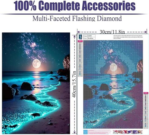 مجموعة طلاء ألماس 5D DIY، مشهد ضوء القمر للشاطئ المثقوب بالكامل، فن كريستالي لمناظر طبيعية للمحيط ليلاً مرصع بالنجوم، ديكور جدار المنزل in Kuwait