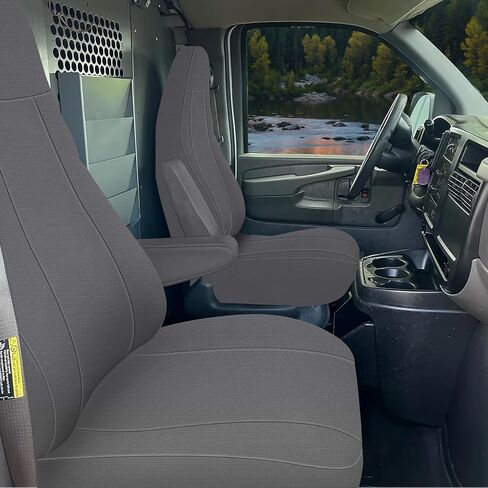غطاء مقعد متوافق مع 1996-2009 Chevy Express & GMC Savanna، كراسي الكابتن الأمامية مع مساند رأس مصبوبة ومسند ذراع داخلي، فحمي in Kuwait