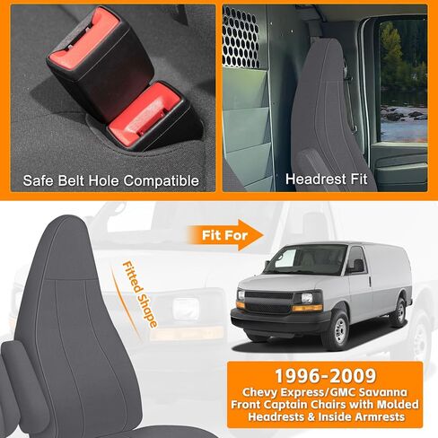 غطاء مقعد متوافق مع 1996-2009 Chevy Express & GMC Savanna، كراسي الكابتن الأمامية مع مساند رأس مصبوبة ومسند ذراع داخلي، فحمي in Kuwait