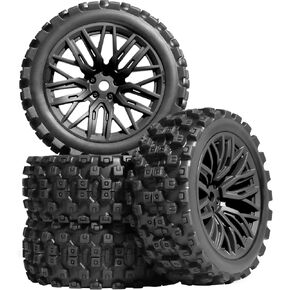 مجموعة إطارات مطاطية وعجلات بلاستيكية للسيارة الزاحفة مسبقة اللصق، 4 قطع، إطارات وإطارات 70 مم × 26 مم مع سداسية 12 مم تناسب ARRMA 1/14 1/16 1/18 جرانيت/تايفون جروم RC على/الطرق الوعرة سيارة شاحنة زاحفة (أسود) in Kuwait