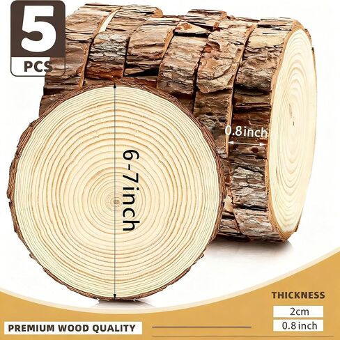 Fuhaieec 5pcs 5.5"-7" Unfinished Natural Wood Slices Circles with Tree Bark Log Discs for DIY Craft Woodburning Christmas Rustic Wedding Ornaments in Saudi Arabia
