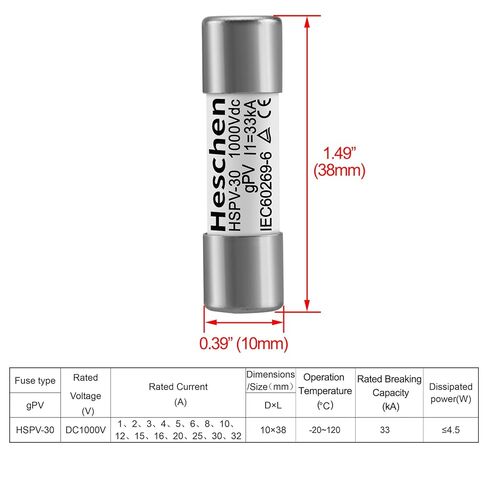 Solar DC1000V PV Fuse, Photovoltaic Fuses, gPV Type Fuse Link, HSPV-30, 10 * 38mm, 1A 1000VDC, I1 33kA, for Solar PV System Protection, 10PCS in Saudi Arabia