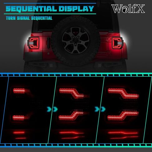 أضواء WolfX الخلفية LED متسلسلة لسيارة Jeep Wrangler JL 2018-2025 (بما في ذلك 2021-2025 Jeep Wrangler 4XE Plugin) مجموعة استبدال مصباح الفرامل الخلفية LED مع إشارة دوران متسلسلة، دخان in Kuwait