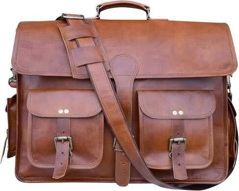 THE M&G BAGS Leather Messenger Bag 18 Inch for Office Laptop Vintage Goat Leather Crossbody Bag with Side Zip Adjustable Strap Black Polyester Handmade Satchel for Men & Women in Saudi Arabia