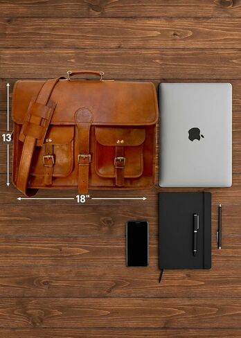THE M&G BAGS Leather Messenger Bag 18 Inch for Office Laptop Vintage Goat Leather Crossbody Bag with Side Zip Adjustable Strap Black Polyester Handmade Satchel for Men & Women in Saudi Arabia